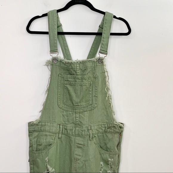 PAPER HEART Olive Denim Distressed Skinny Overalls - Picture 2 of 16